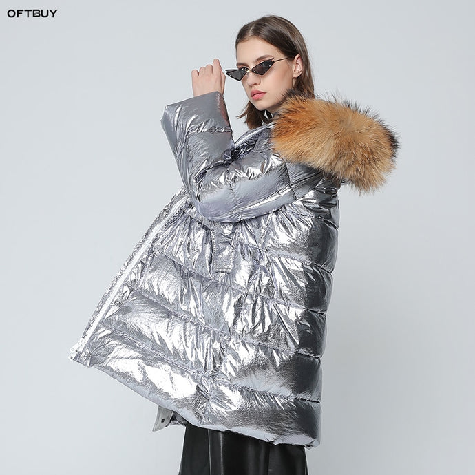 OFTBUY Silver Parka Long Parkas Winter Jacket Women Real Fur Coat Natural Raccoon Fur Duck Down Coat Thick Warm Streetwear Brand