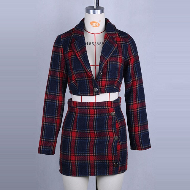ZHYMIHRET Autumn Winter 2 Piece Set Plaid Dress Crop Top Women Long Sleeve Jacket And Pencil Skirt Two Piece Set Matching Sets