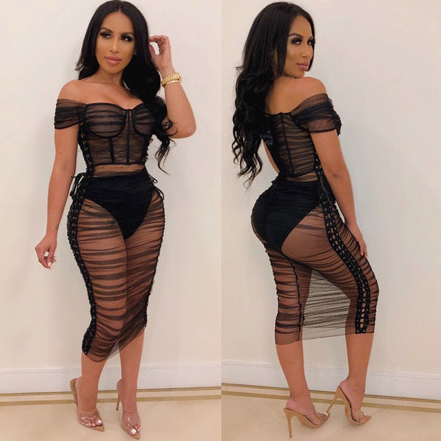 Echoine Sexy Sheer Mesh See Through Two Piece Set Slash Neck Off Shoulder Top + Dress Women Party Night Club Outfits