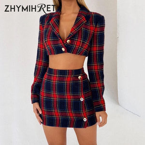 ZHYMIHRET Autumn Winter 2 Piece Set Plaid Dress Crop Top Women Long Sleeve Jacket And Pencil Skirt Two Piece Set Matching Sets